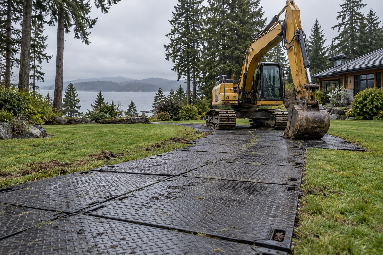 Illustrative contractor access route using black ground protection mats near an excavator